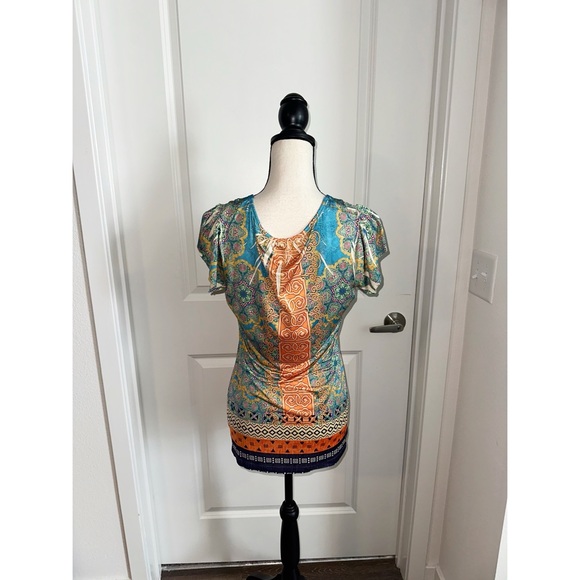 Apt. 9 Relaxed Graphic Blouse with Flutter Sleeves in Blue and Orange - Picture 3 of 6